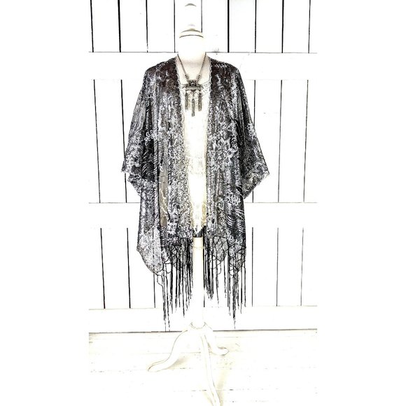 Silver and black sequin sheer kimono cover up jacket - Picture 1 of 6
